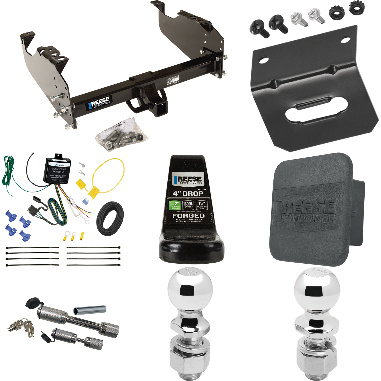 Fits 2007-2023 GMC Sierra 3500 HD Trailer Hitch Tow PKG w/ 4-Flat Wiring Harness + Ball Mount w/ 4" Drop + Dual Hitch & Coupler Locks + 2" Ball + 2-5/16" Ball + Hitch Cover + Wiring Bracket (For Cab & Chassis, w/34" Wide Frames Models) By Reese Towpo