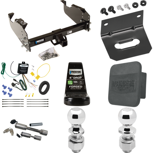 Fits 2007-2023 GMC Sierra 3500 HD Trailer Hitch Tow PKG w/ 4-Flat Wiring Harness + Ball Mount w/ 4" Drop + Dual Hitch & Coupler Locks + 2" Ball + 2-5/16" Ball + Hitch Cover + Wiring Bracket (For Cab & Chassis, w/34" Wide Frames Models) By Reese Towpo