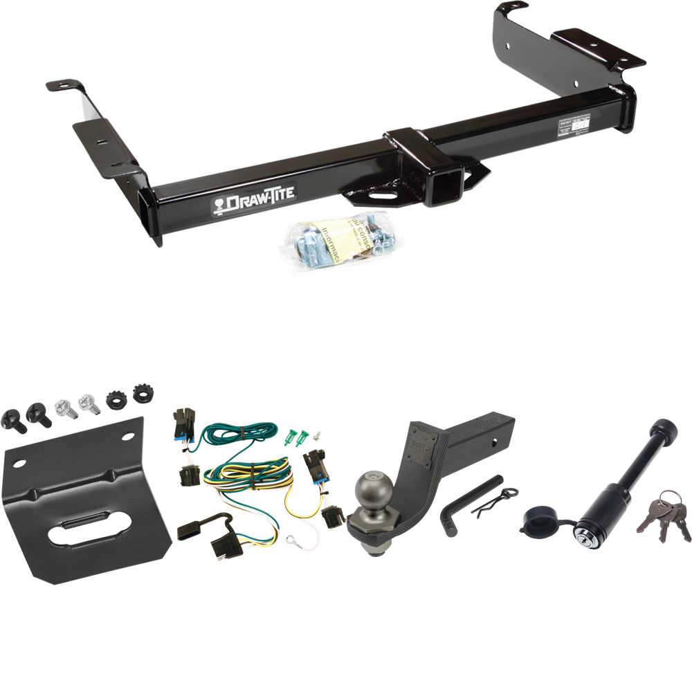 Fits 2003-2023 Chevrolet Express 2500 Trailer Hitch Tow PKG w/ 4-Flat Wiring + Interlock Tactical Starter Kit w/ 3-1/4" Drop & 2" Ball + Tactical Dogbone Lock + Wiring Bracket By Draw-Tite