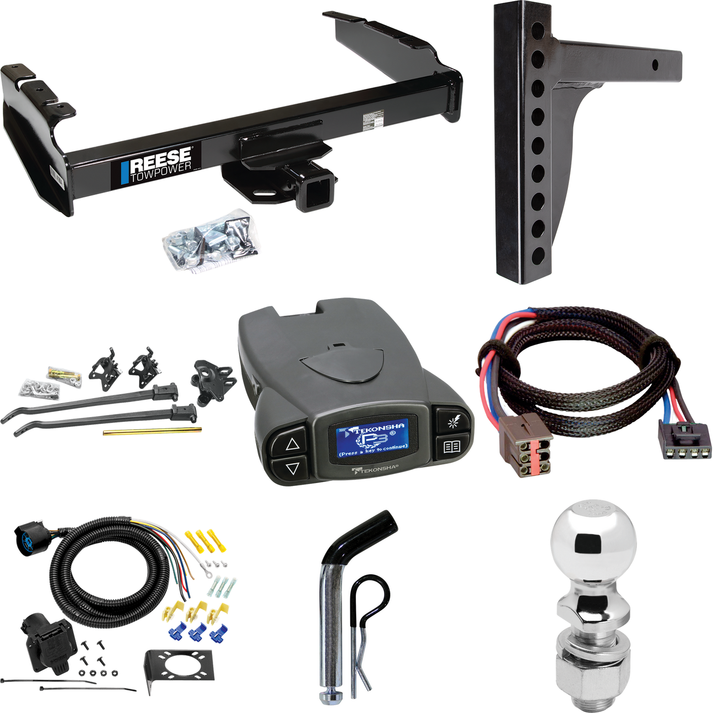 Fits 1994-1996 Ford F-250 Trailer Hitch Tow PKG w/ 12K Trunnion Bar Weight Distribution Hitch + Pin/Clip + 2-5/16" Ball + Tekonsha Prodigy P3 Brake Control + Plug & Play BC Adapter + 7-Way RV Wiring By Reese Towpower