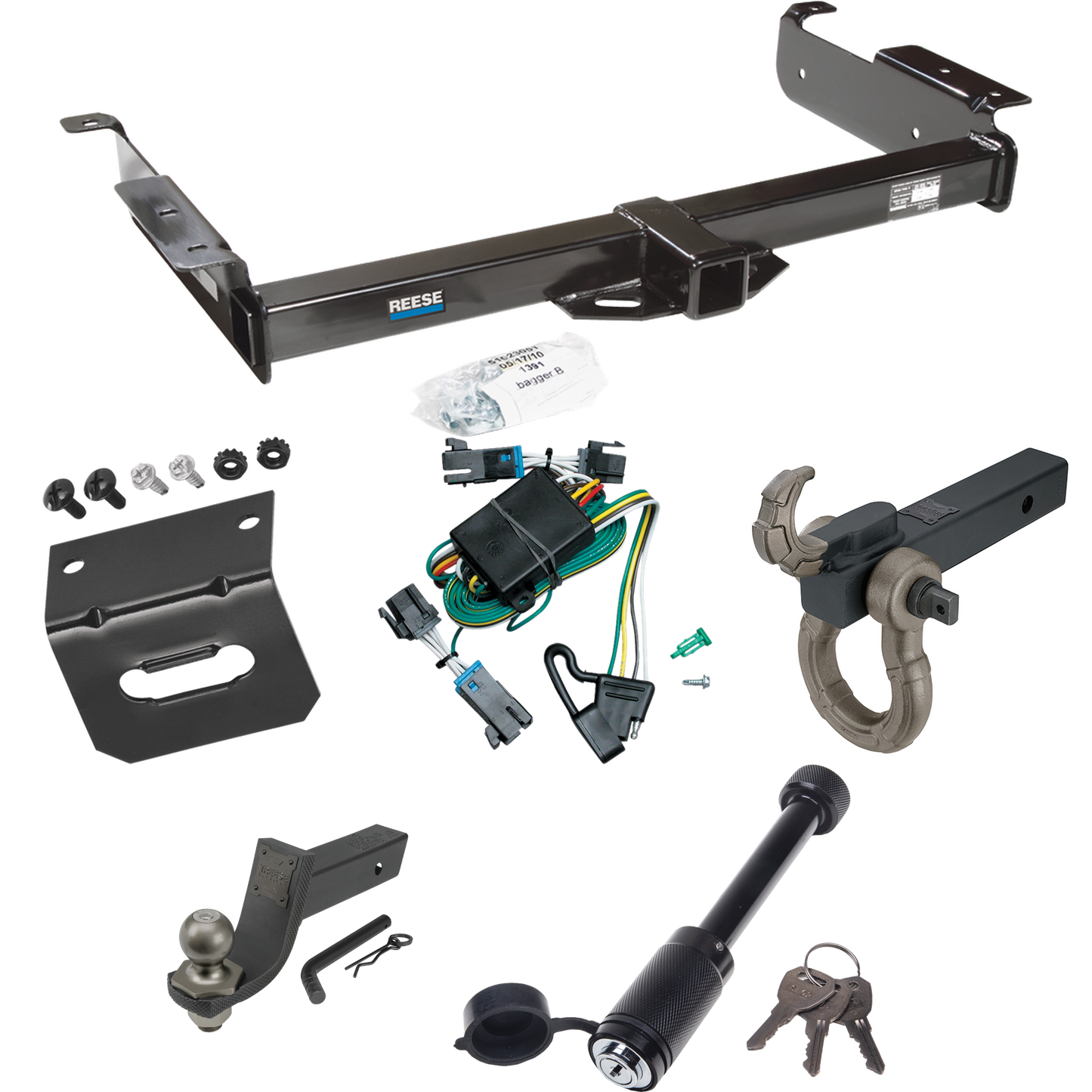 Fits 2000-2002 Chevrolet Express 2500 Trailer Hitch Tow PKG w/ 4-Flat Wiring + Interlock Tactical Starter Kit w/ 3-1/4" Drop & 2" Ball + Tactical Hook & Shackle Mount + Tactical Dogbone Lock + Wiring Bracket By Reese Towpower