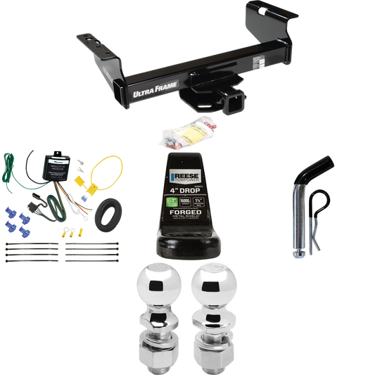 Fits 2007-2024 GMC Sierra 3500 HD Trailer Hitch Tow PKG w/ 4-Flat Wiring Harness + Ball Mount w/ 4" Drop + Pin/Clip + 2" Ball + 2-5/16" Ball (For Cab & Chassis, w/34" Wide Frames Models) By Draw-Tite