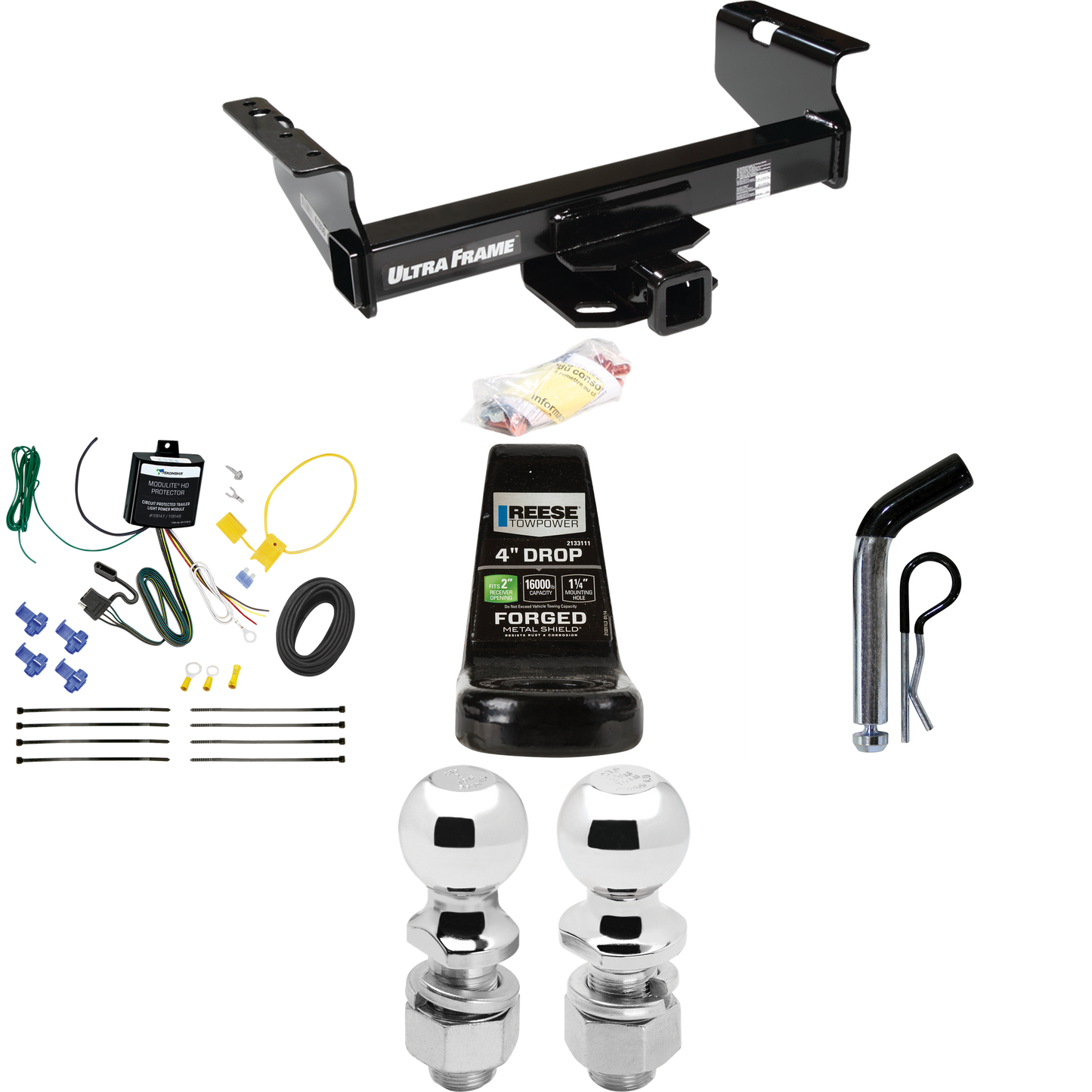 Fits 2001-2007 Chevrolet Silverado 3500 Trailer Hitch Tow PKG w/ 4-Flat Wiring Harness + Ball Mount w/ 4" Drop + Pin/Clip + 2" Ball + 2-5/16" Ball (For (Classic), Cab & Chassis, w/34" Wide Frames Models) By Draw-Tite