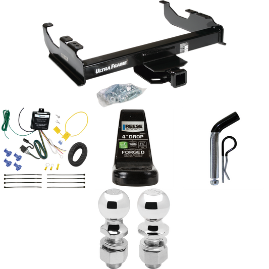 Fits 2007-2023 GMC Sierra 3500 HD Trailer Hitch Tow PKG w/ 4-Flat Wiring Harness + Ball Mount w/ 4" Drop + Pin/Clip + 2" Ball + 2-5/16" Ball (For Cab & Chassis, w/34" Wide Frames Models) By Draw-Tite