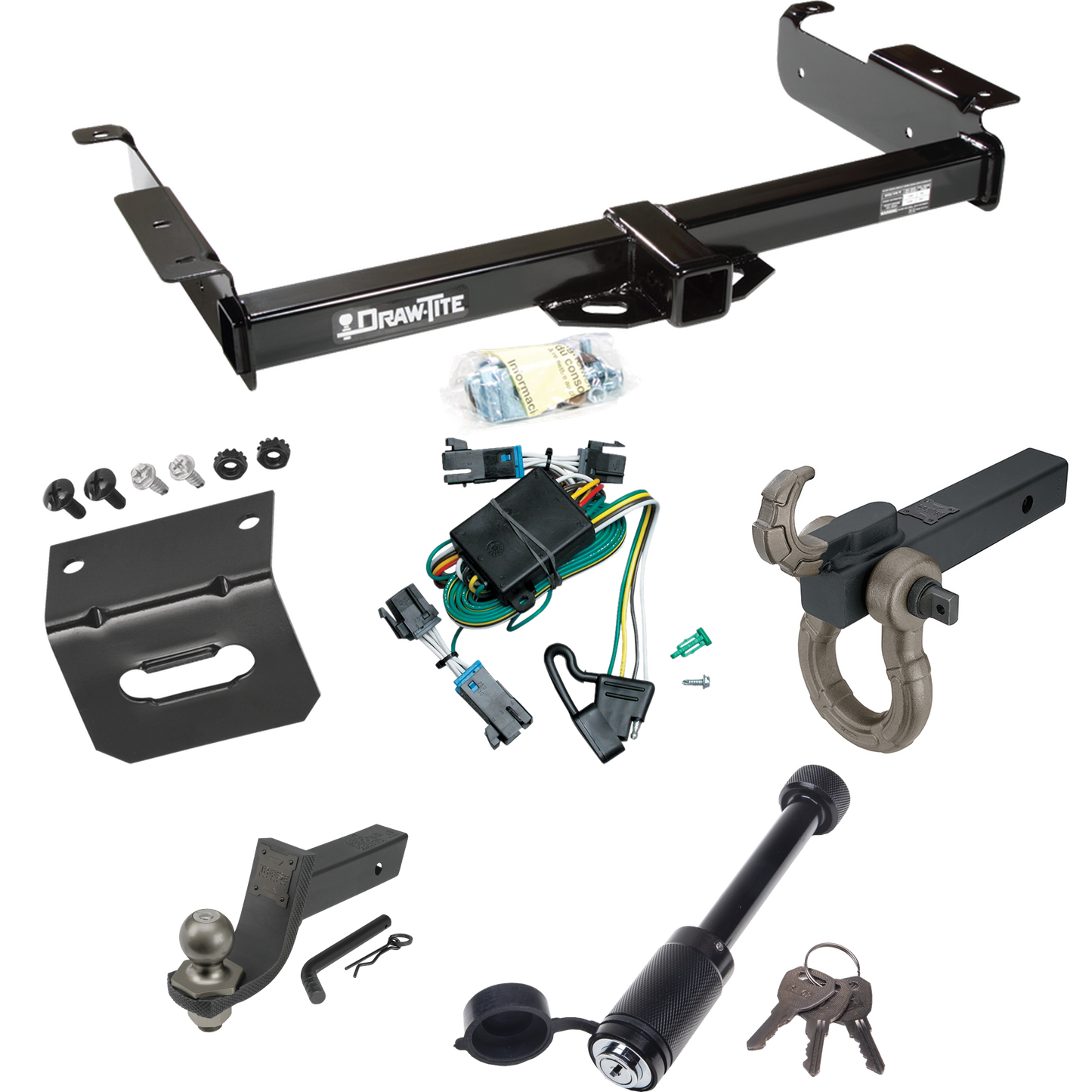 Fits 2000-2002 Chevrolet Express 3500 Trailer Hitch Tow PKG w/ 4-Flat Wiring + Interlock Tactical Starter Kit w/ 3-1/4" Drop & 2" Ball + Tactical Hook & Shackle Mount + Tactical Dogbone Lock + Wiring Bracket By Draw-Tite