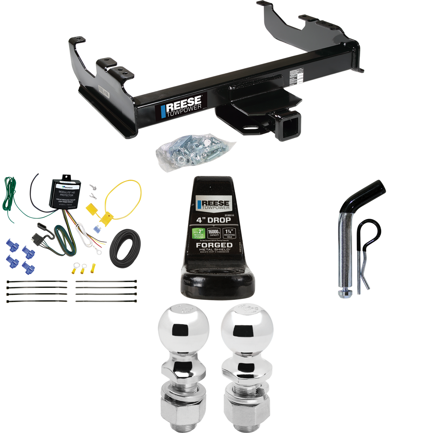 Fits 2007-2019 Chevrolet Silverado 3500 HD Trailer Hitch Tow PKG w/ 4-Flat Wiring Harness + Ball Mount w/ 4" Drop + Pin/Clip + 2" Ball + 2-5/16" Ball (For Cab & Chassis, w/34" Wide Frames Models) By Reese Towpower