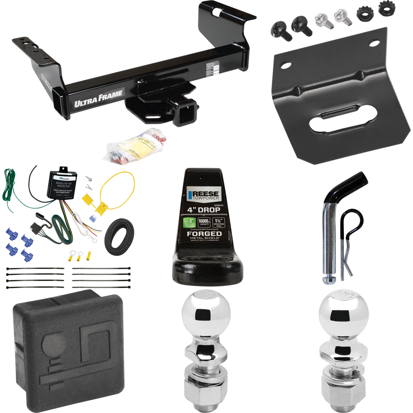 Fits 2007-2024 GMC Sierra 3500 HD Trailer Hitch Tow PKG w/ 4-Flat Wiring Harness + Ball Mount w/ 4" Drop + Pin/Clip + 2" Ball + 2-5/16" Ball + Hitch Cover + Wiring Bracket (For Cab & Chassis, w/34" Wide Frames Models) By Draw-Tite