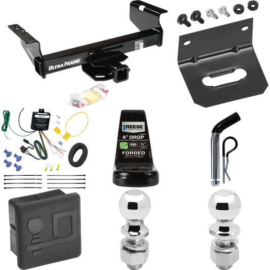 Fits 2007-2024 GMC Sierra 3500 HD Trailer Hitch Tow PKG w/ 4-Flat Wiring Harness + Ball Mount w/ 4" Drop + Pin/Clip + 2" Ball + 2-5/16" Ball + Hitch Cover + Wiring Bracket (For Cab & Chassis, w/34" Wide Frames Models) By Draw-Tite