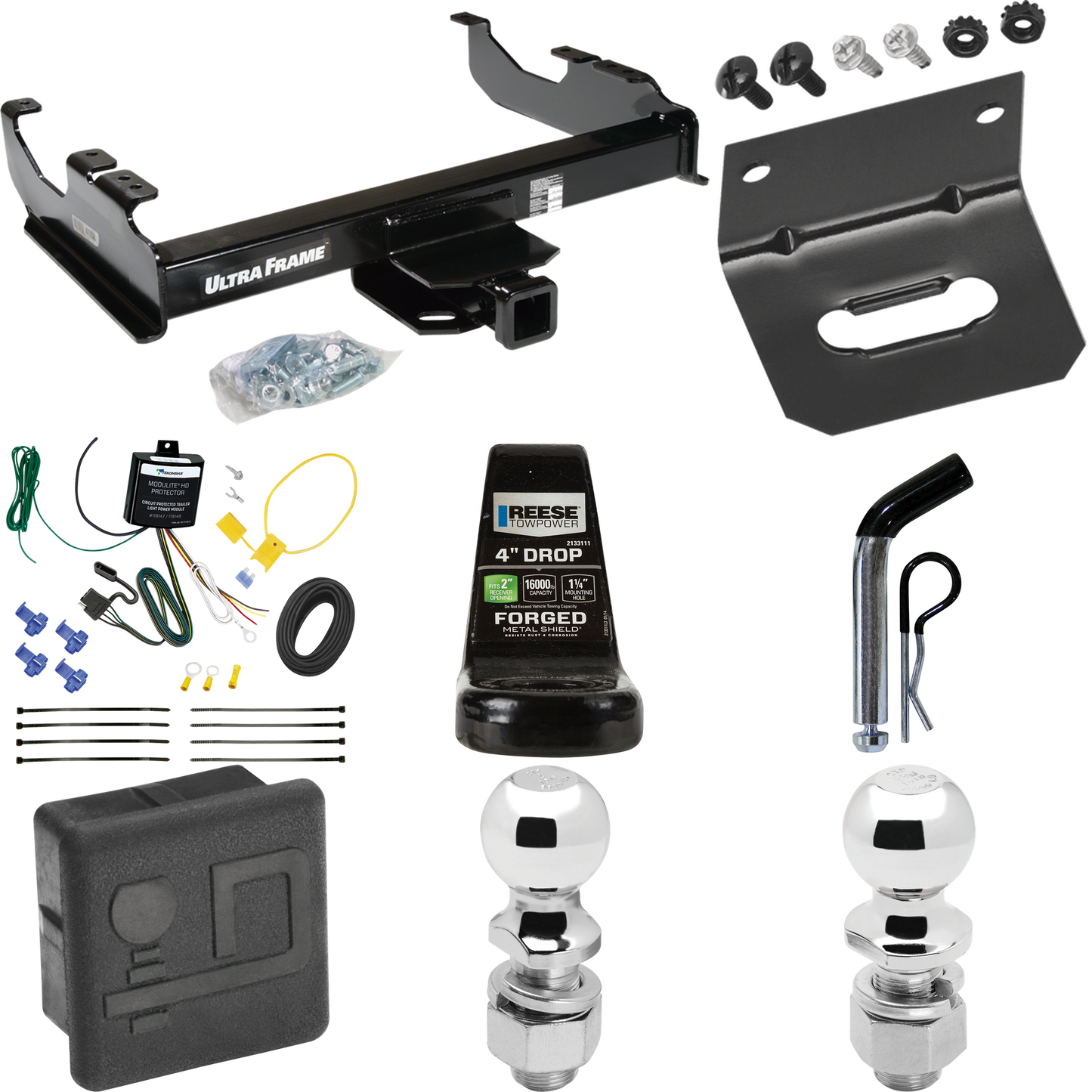 Fits 2007-2023 GMC Sierra 3500 HD Trailer Hitch Tow PKG w/ 4-Flat Wiring Harness + Ball Mount w/ 4" Drop + Pin/Clip + 2" Ball + 2-5/16" Ball + Hitch Cover + Wiring Bracket (For Cab & Chassis, w/34" Wide Frames Models) By Draw-Tite