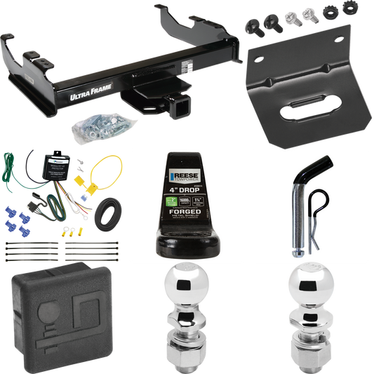 Fits 2007-2023 GMC Sierra 3500 HD Trailer Hitch Tow PKG w/ 4-Flat Wiring Harness + Ball Mount w/ 4" Drop + Pin/Clip + 2" Ball + 2-5/16" Ball + Hitch Cover + Wiring Bracket (For Cab & Chassis, w/34" Wide Frames Models) By Draw-Tite