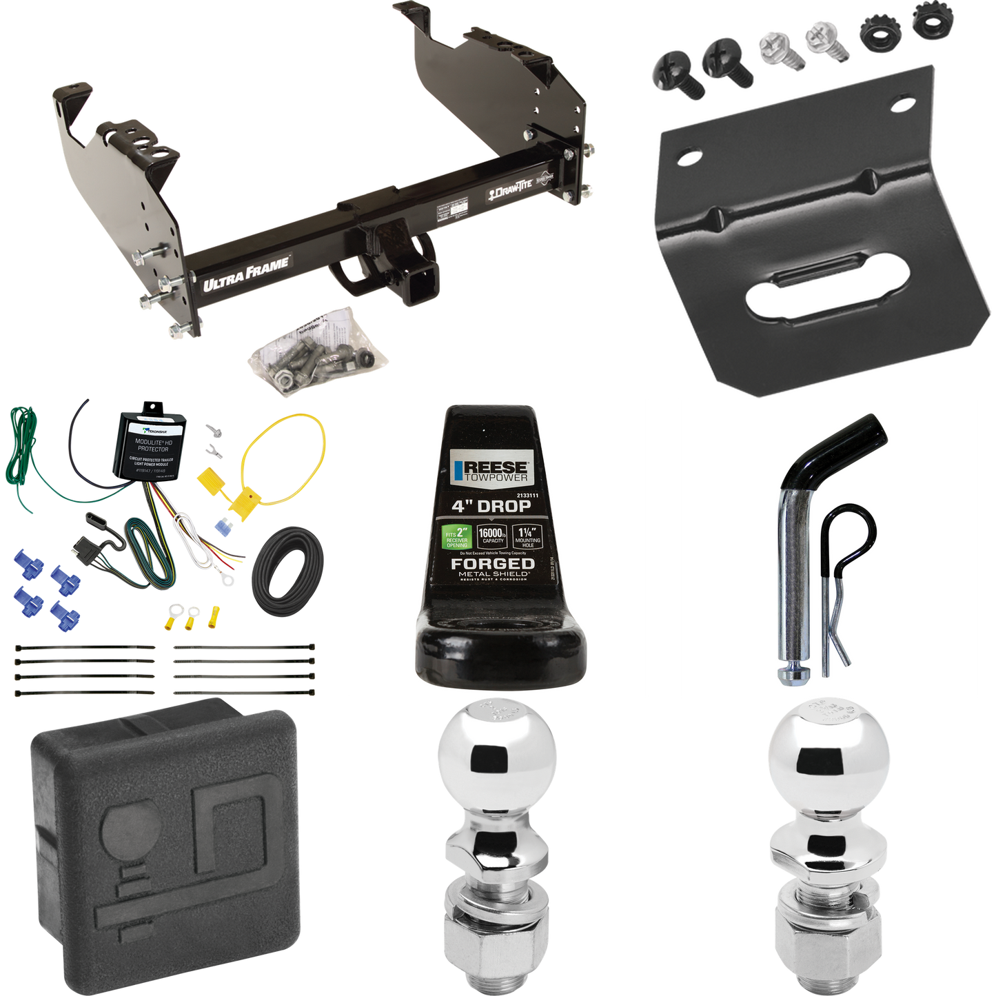 Fits 2007-2024 GMC Sierra 3500 HD Trailer Hitch Tow PKG w/ 4-Flat Wiring Harness + Ball Mount w/ 4" Drop + Pin/Clip + 2" Ball + 2-5/16" Ball + Hitch Cover + Wiring Bracket (For Cab & Chassis, w/34" Wide Frames Models) By Draw-Tite