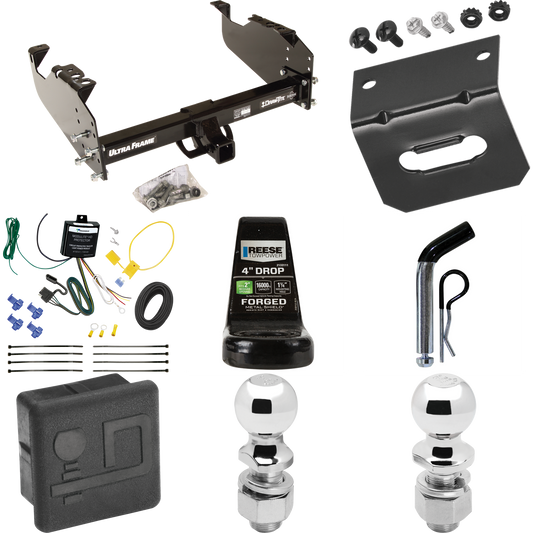 Fits 2007-2024 GMC Sierra 3500 HD Trailer Hitch Tow PKG w/ 4-Flat Wiring Harness + Ball Mount w/ 4" Drop + Pin/Clip + 2" Ball + 2-5/16" Ball + Hitch Cover + Wiring Bracket (For Cab & Chassis, w/34" Wide Frames Models) By Draw-Tite