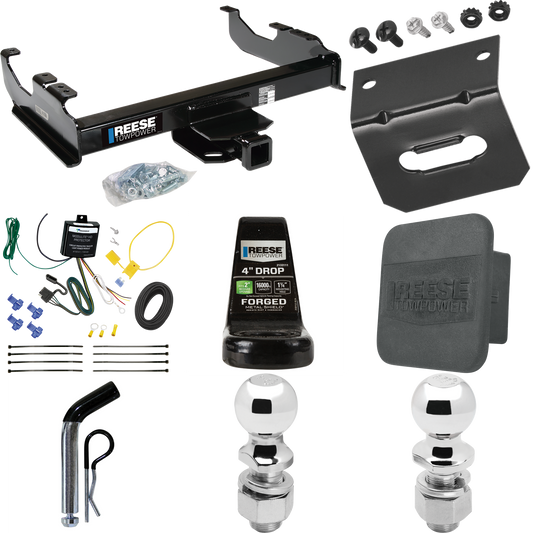 Fits 2007-2023 GMC Sierra 3500 HD Trailer Hitch Tow PKG w/ 4-Flat Wiring Harness + Ball Mount w/ 4" Drop + Pin/Clip + 2" Ball + 2-5/16" Ball + Hitch Cover + Wiring Bracket (For Cab & Chassis, w/34" Wide Frames Models) By Reese Towpower