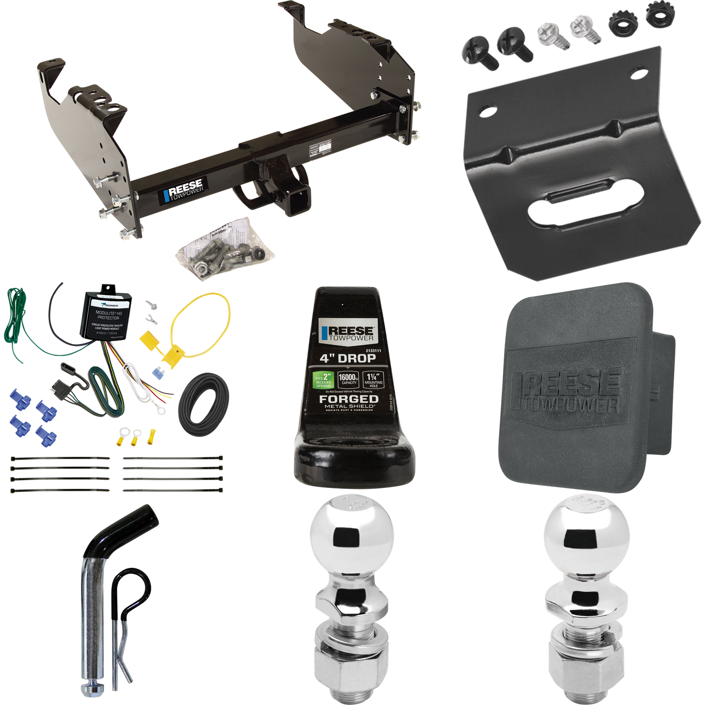 Fits 2007-2023 GMC Sierra 3500 HD Trailer Hitch Tow PKG w/ 4-Flat Wiring Harness + Ball Mount w/ 4" Drop + Pin/Clip + 2" Ball + 2-5/16" Ball + Hitch Cover + Wiring Bracket (For Cab & Chassis, w/34" Wide Frames Models) By Reese Towpower