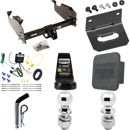 Fits 2007-2023 GMC Sierra 3500 HD Trailer Hitch Tow PKG w/ 4-Flat Wiring Harness + Ball Mount w/ 4" Drop + Pin/Clip + 2" Ball + 2-5/16" Ball + Hitch Cover + Wiring Bracket (For Cab & Chassis, w/34" Wide Frames Models) By Reese Towpower