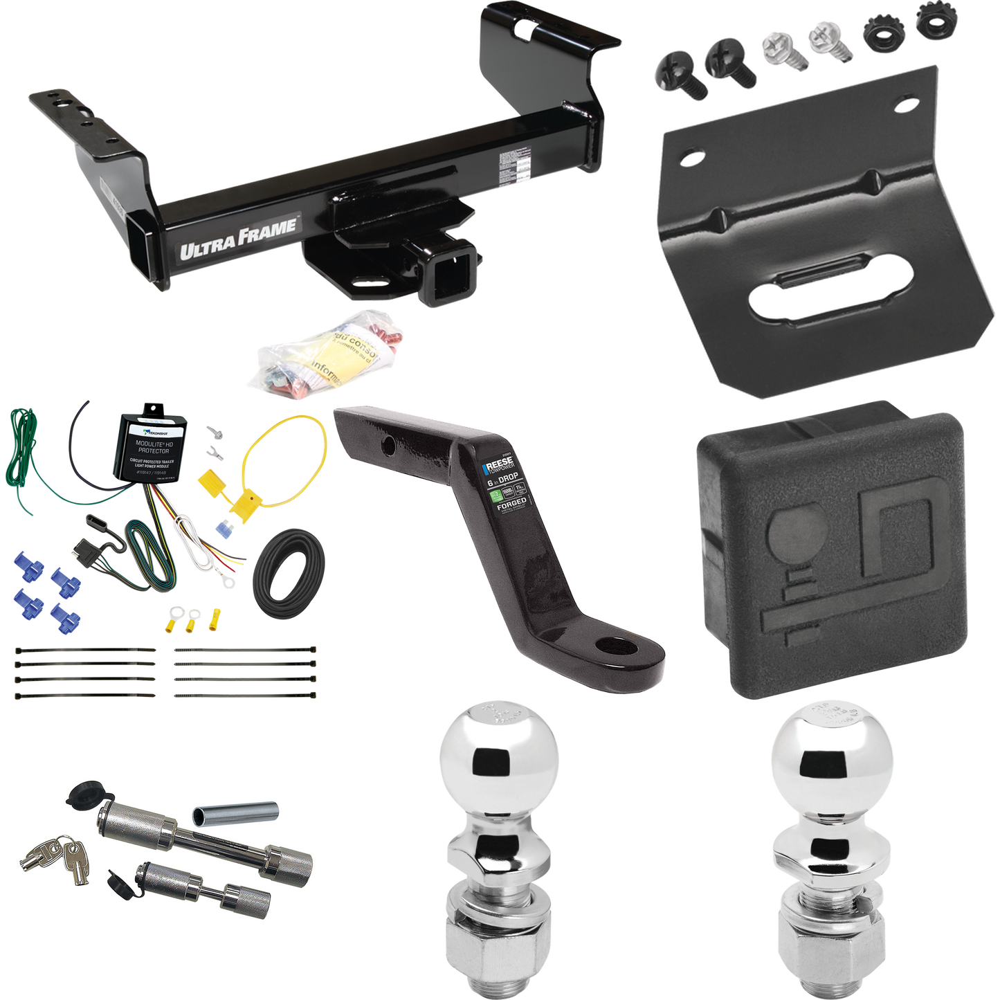 Fits 2007-2024 GMC Sierra 3500 HD Trailer Hitch Tow PKG w/ 4-Flat Wiring Harness + Ball Mount w/ 6" Drop + Dual Hitch & Coupler Locks + 2" Ball + 2-5/16" Ball + Hitch Cover + Wiring Bracket (For Cab & Chassis, w/34" Wide Frames Models) By Draw-Tite