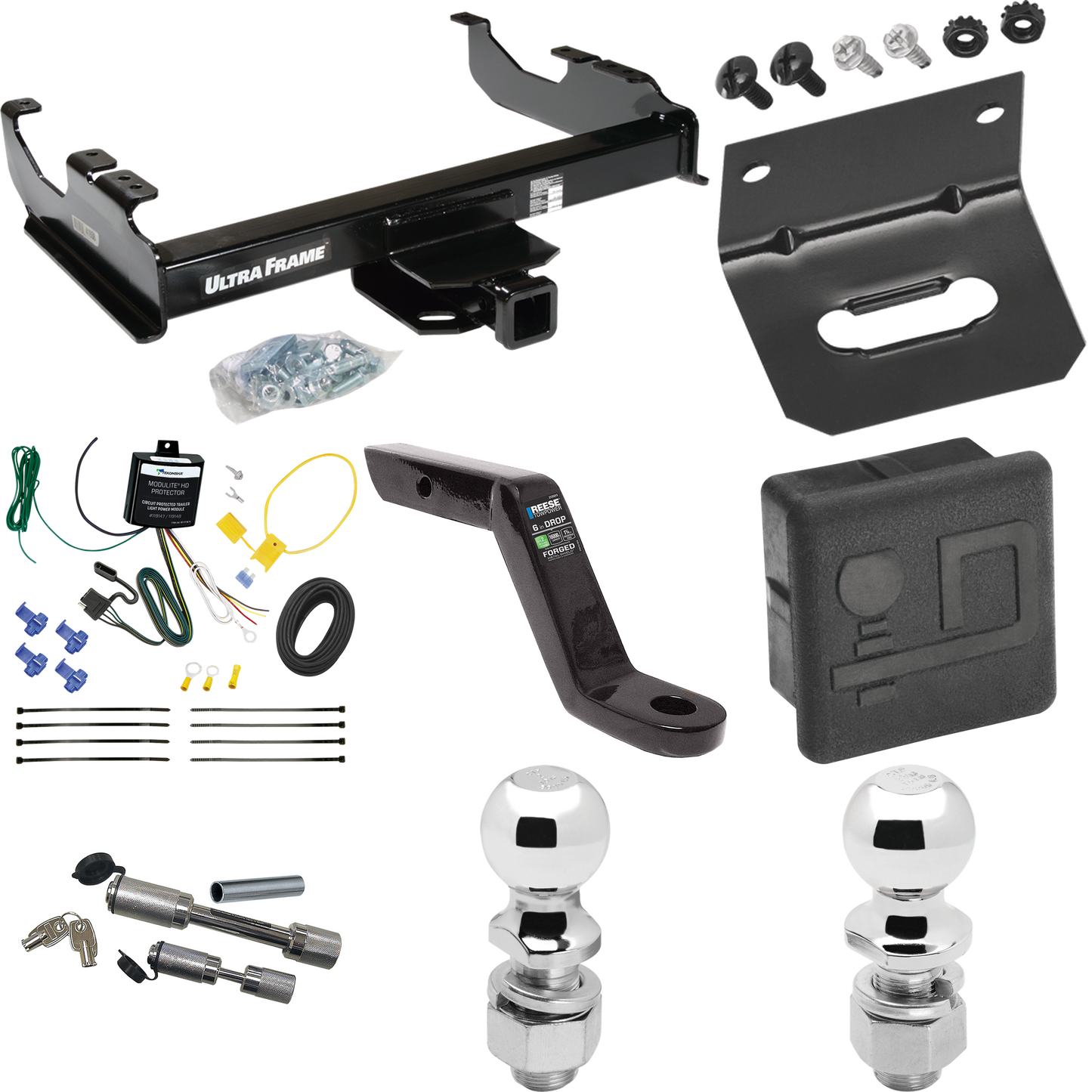 Fits 2007-2023 GMC Sierra 3500 HD Trailer Hitch Tow PKG w/ 4-Flat Wiring Harness + Ball Mount w/ 6" Drop + Dual Hitch & Coupler Locks + 2" Ball + 2-5/16" Ball + Hitch Cover + Wiring Bracket (For Cab & Chassis, w/34" Wide Frames Models) By Draw-Tite