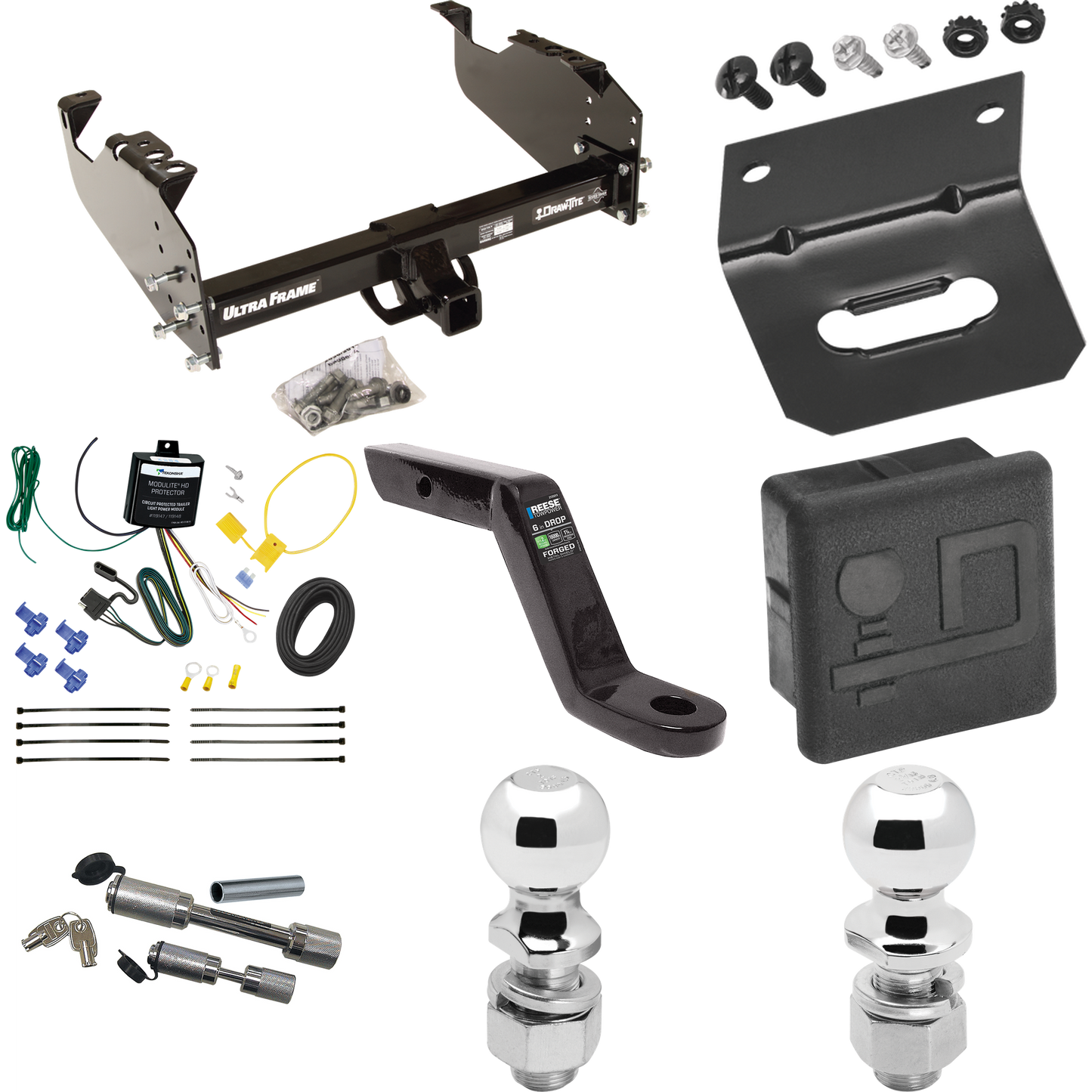 Fits 2007-2024 GMC Sierra 3500 HD Trailer Hitch Tow PKG w/ 4-Flat Wiring Harness + Ball Mount w/ 6" Drop + Dual Hitch & Coupler Locks + 2" Ball + 2-5/16" Ball + Hitch Cover + Wiring Bracket (For Cab & Chassis, w/34" Wide Frames Models) By Draw-Tite