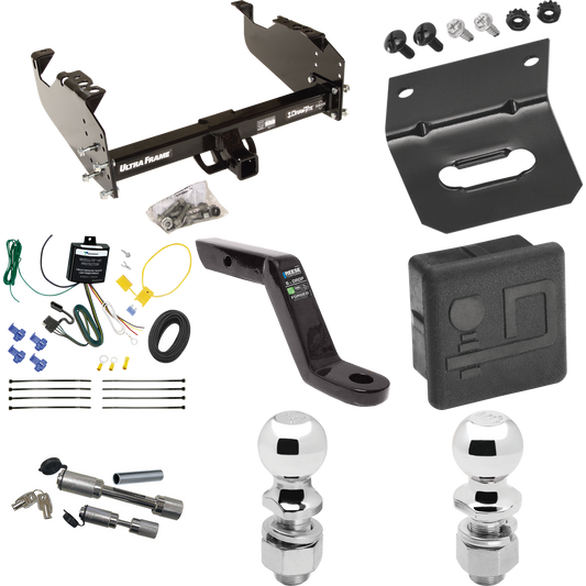 Fits 2007-2024 GMC Sierra 3500 HD Trailer Hitch Tow PKG w/ 4-Flat Wiring Harness + Ball Mount w/ 6" Drop + Dual Hitch & Coupler Locks + 2" Ball + 2-5/16" Ball + Hitch Cover + Wiring Bracket (For Cab & Chassis, w/34" Wide Frames Models) By Draw-Tite