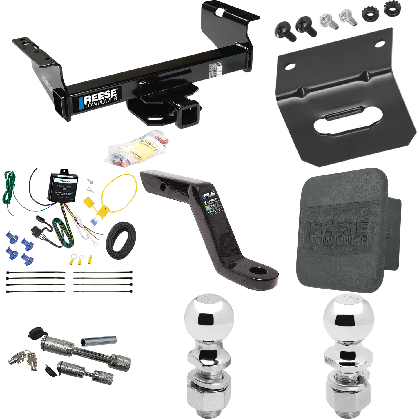 Fits 2007-2023 GMC Sierra 3500 HD Trailer Hitch Tow PKG w/ 4-Flat Wiring Harness + Ball Mount w/ 6" Drop + Dual Hitch & Coupler Locks + 2" Ball + 2-5/16" Ball + Hitch Cover + Wiring Bracket (For Cab & Chassis, w/34" Wide Frames Models) By Reese Towpo