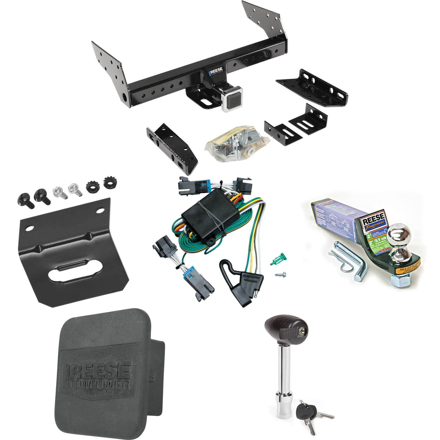 Fits 2000-2002 Chevrolet Express 1500 Trailer Hitch Tow PKG w/ 4-Flat Wiring + Starter Kit Ball Mount w/ 2" Drop & 1-7/8" Ball + Wiring Bracket + Hitch Lock + Hitch Cover By Reese Towpower