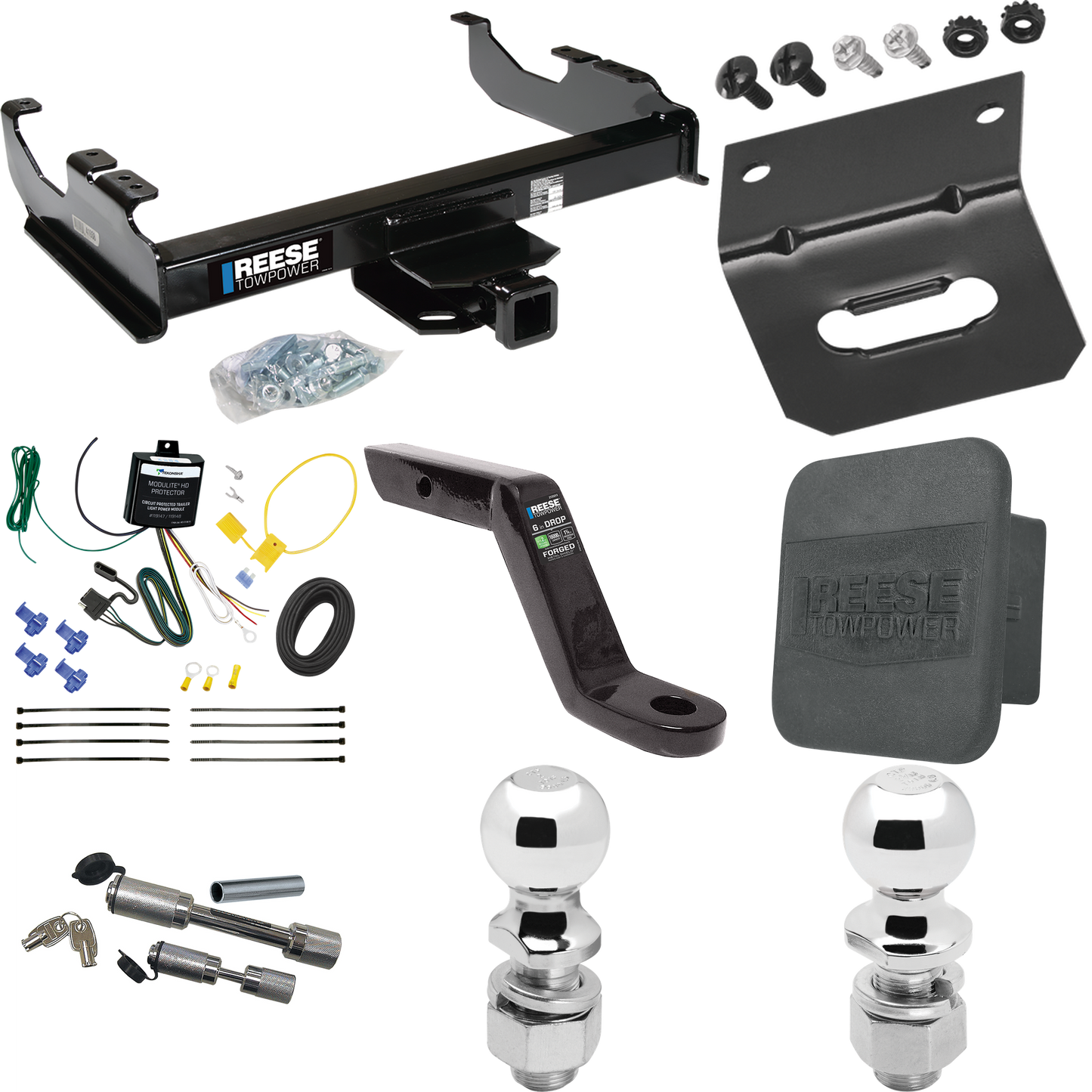 Fits 2007-2023 GMC Sierra 3500 HD Trailer Hitch Tow PKG w/ 4-Flat Wiring Harness + Ball Mount w/ 6" Drop + Dual Hitch & Coupler Locks + 2" Ball + 2-5/16" Ball + Hitch Cover + Wiring Bracket (For Cab & Chassis, w/34" Wide Frames Models) By Reese Towpo