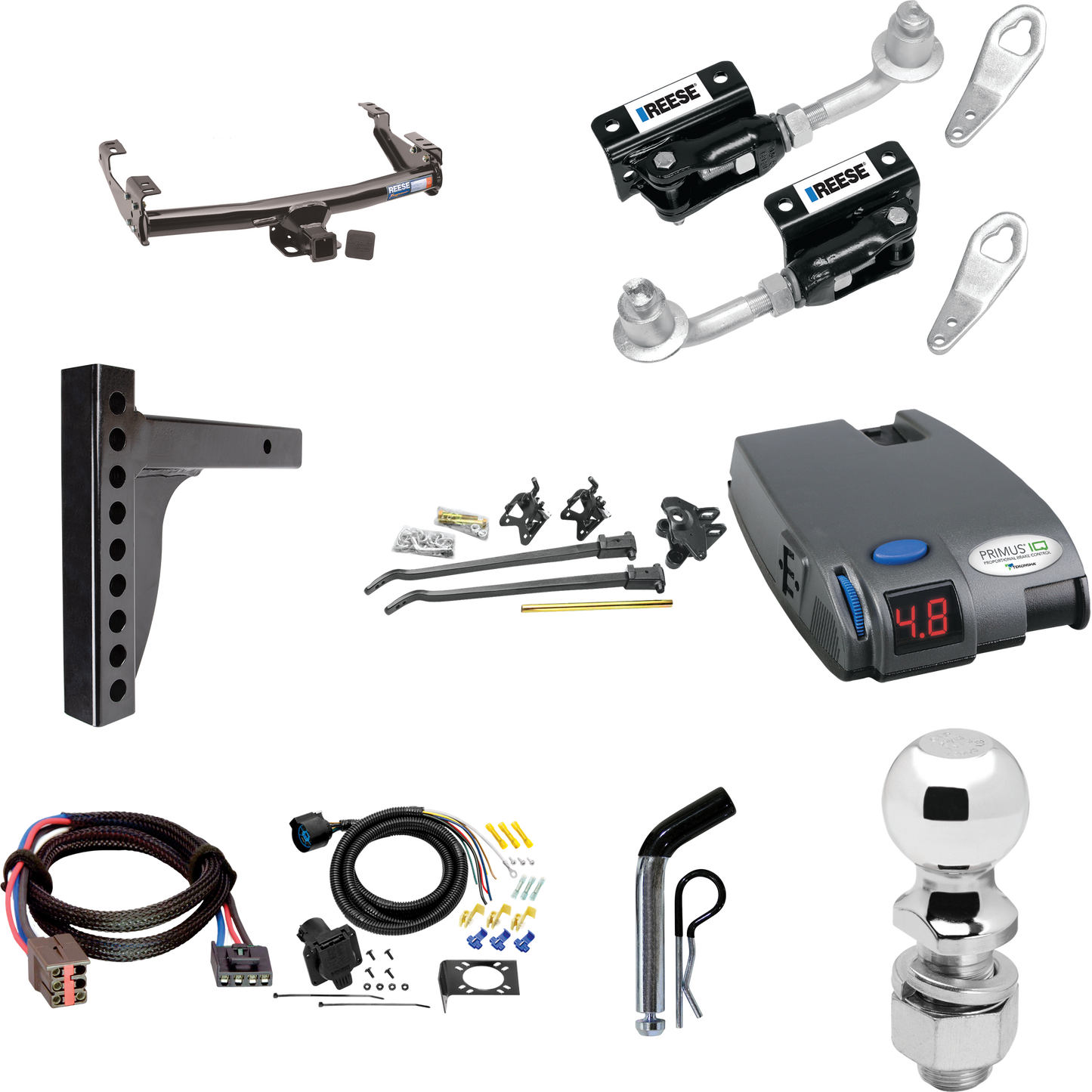 Fits 1997-1997 Ford F-250 HD Trailer Hitch Tow PKG w/ 12K Trunnion Bar Weight Distribution Hitch + Pin/Clip + Dual Cam Sway Control + 2-5/16" Ball + Tekonsha Primus IQ Brake Control + Plug & Play BC Adapter + 7-Way RV Wiring By Reese Towpower