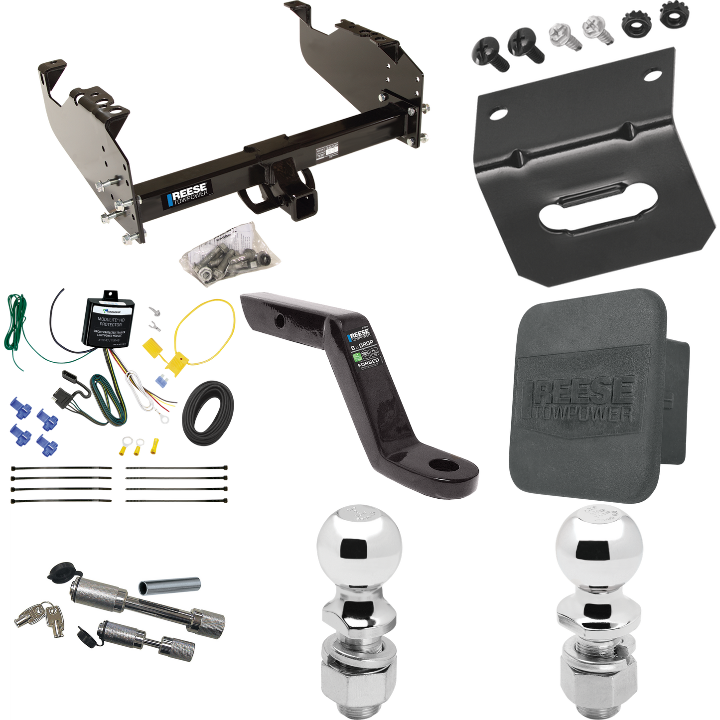 Fits 2007-2023 GMC Sierra 3500 HD Trailer Hitch Tow PKG w/ 4-Flat Wiring Harness + Ball Mount w/ 6" Drop + Dual Hitch & Coupler Locks + 2" Ball + 2-5/16" Ball + Hitch Cover + Wiring Bracket (For Cab & Chassis, w/34" Wide Frames Models) By Reese Towpo