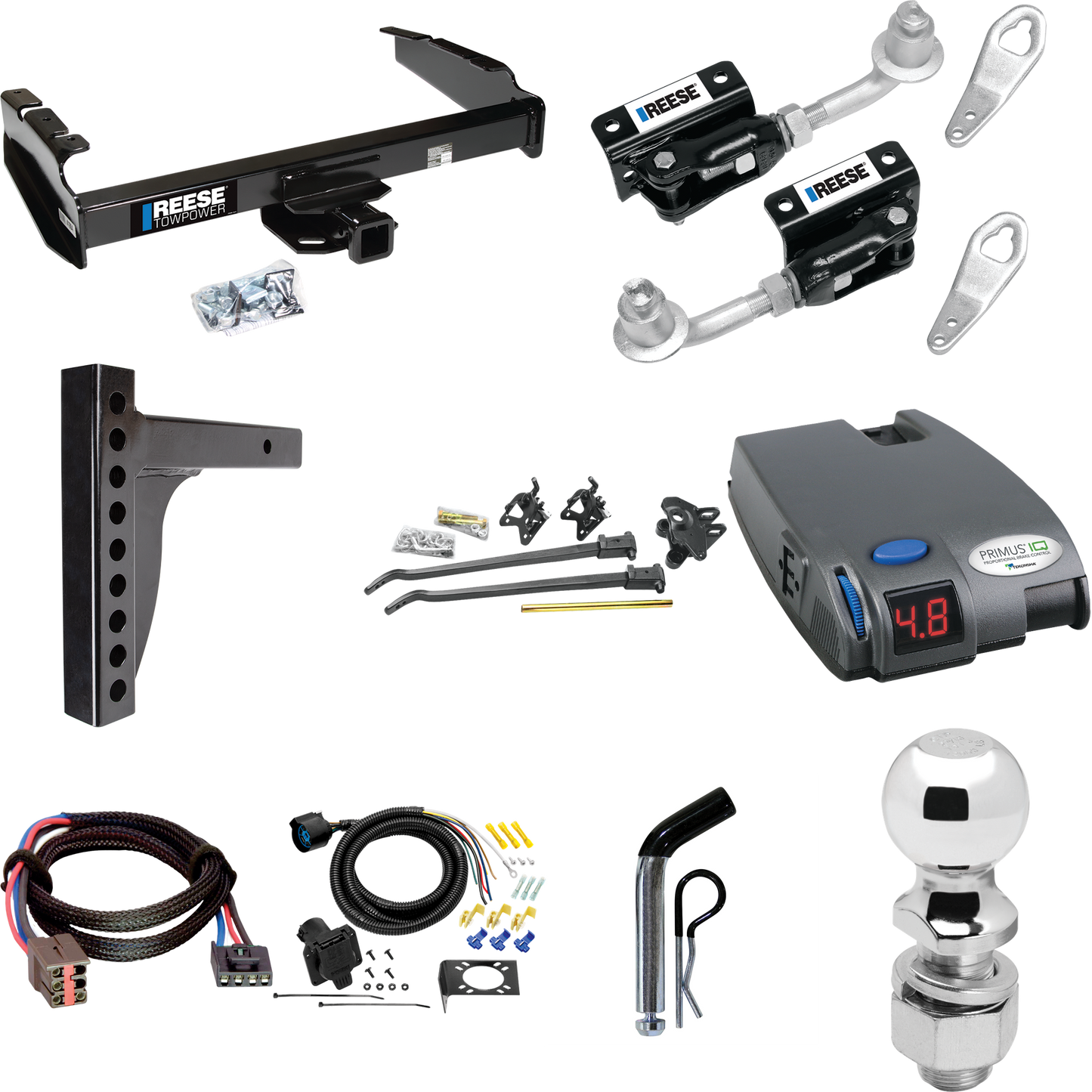 Fits 1994-1996 Ford F-150 Trailer Hitch Tow PKG w/ 12K Trunnion Bar Weight Distribution Hitch + Pin/Clip + Dual Cam Sway Control + 2-5/16" Ball + Tekonsha Primus IQ Brake Control + Plug & Play BC Adapter + 7-Way RV Wiring By Reese Towpower