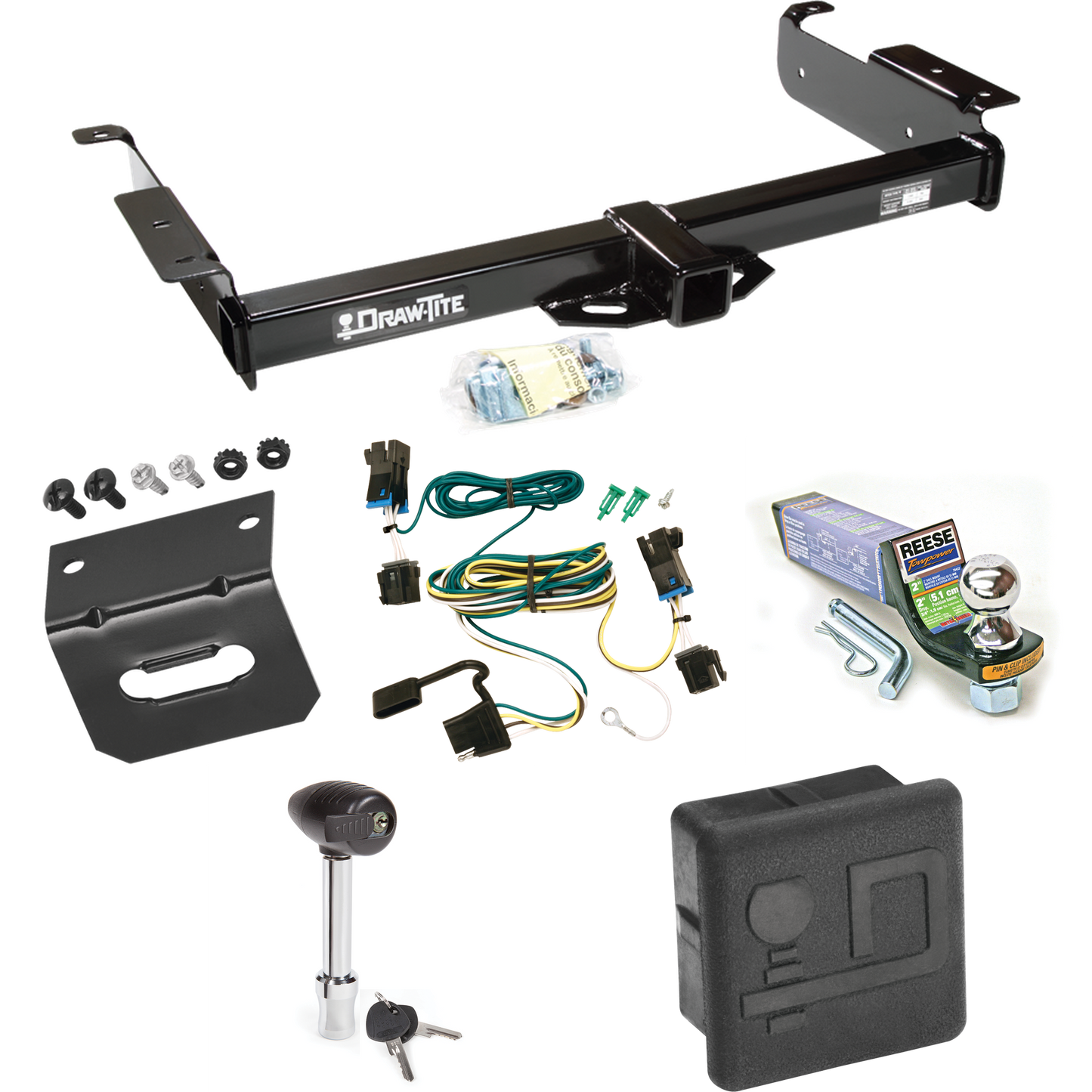 Fits 2003-2014 Chevrolet Express 1500 Trailer Hitch Tow PKG w/ 4-Flat Wiring + Starter Kit Ball Mount w/ 2" Drop & 1-7/8" Ball + Wiring Bracket + Hitch Lock + Hitch Cover By Draw-Tite