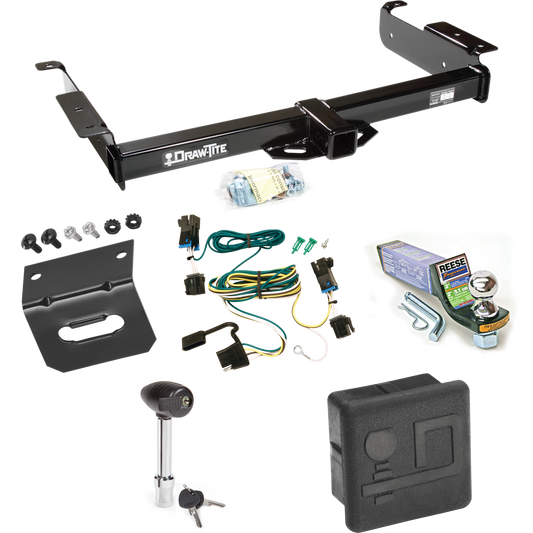 Fits 2003-2014 Chevrolet Express 1500 Trailer Hitch Tow PKG w/ 4-Flat Wiring + Starter Kit Ball Mount w/ 2" Drop & 1-7/8" Ball + Wiring Bracket + Hitch Lock + Hitch Cover By Draw-Tite