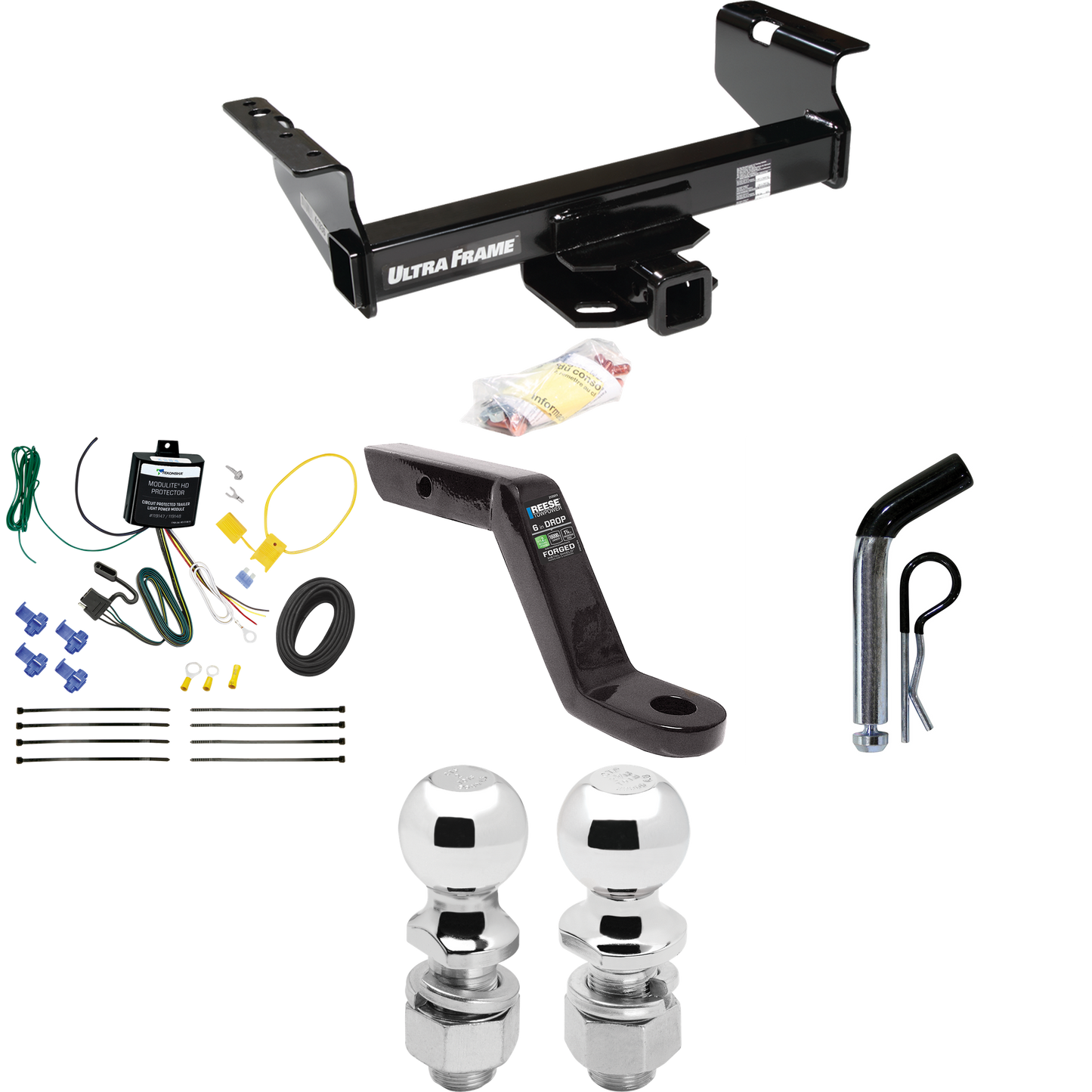 Fits 2007-2024 GMC Sierra 3500 HD Trailer Hitch Tow PKG w/ 4-Flat Wiring Harness + Ball Mount w/ 6" Drop + Pin/Clip + 2" Ball + 2-5/16" Ball (For Cab & Chassis, w/34" Wide Frames Models) By Draw-Tite