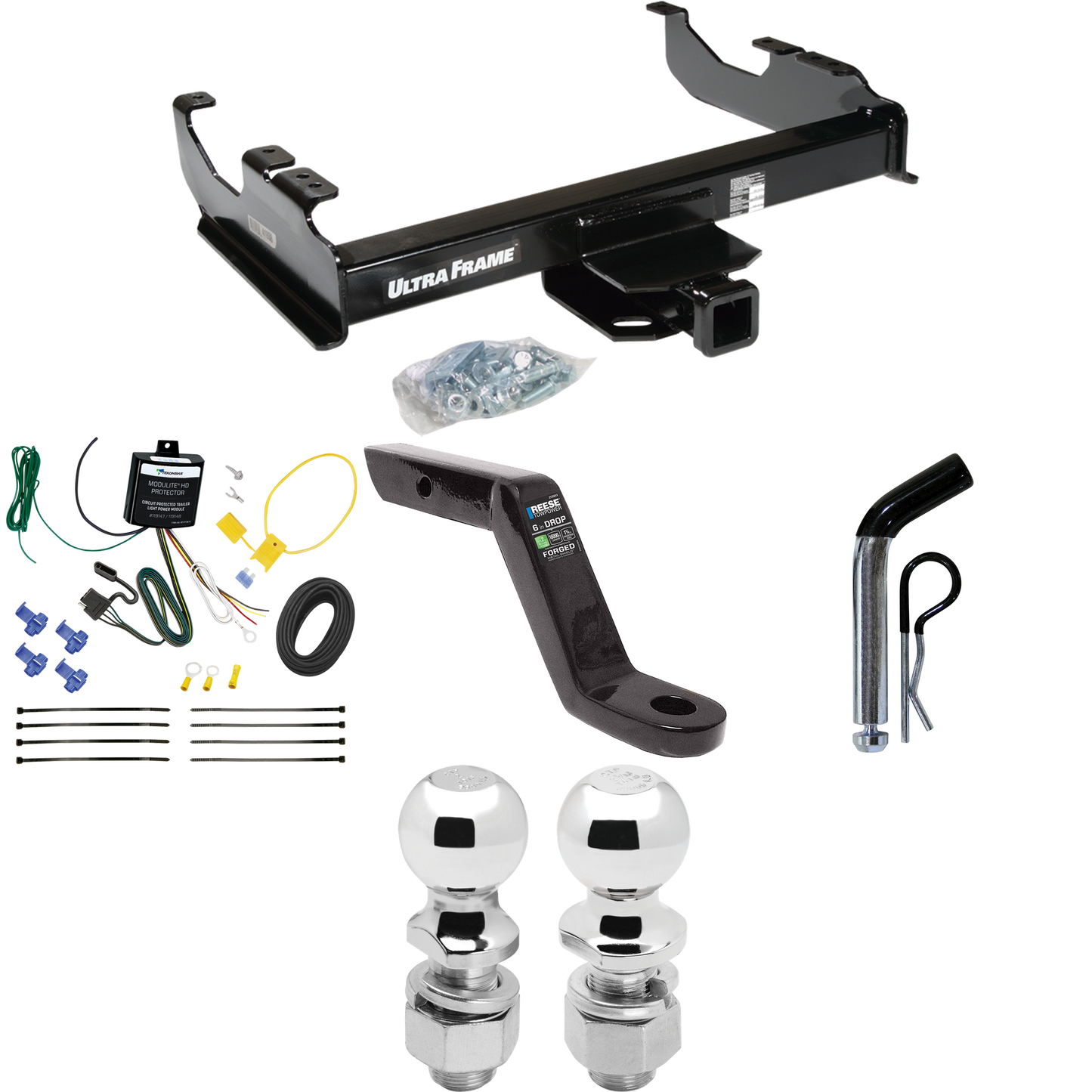 Fits 2007-2023 GMC Sierra 3500 HD Trailer Hitch Tow PKG w/ 4-Flat Wiring Harness + Ball Mount w/ 6" Drop + Pin/Clip + 2" Ball + 2-5/16" Ball (For Cab & Chassis, w/34" Wide Frames Models) By Draw-Tite