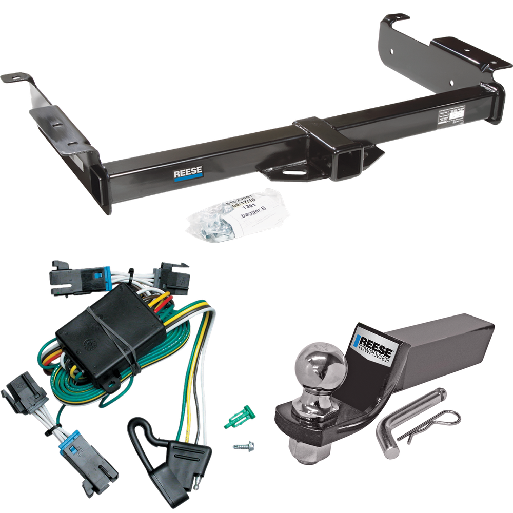 Fits 2000-2002 GMC Savana 2500 Trailer Hitch Tow PKG w/ 4-Flat Wiring + Starter Kit Ball Mount w/ 2" Drop & 2" Ball By Reese Towpower