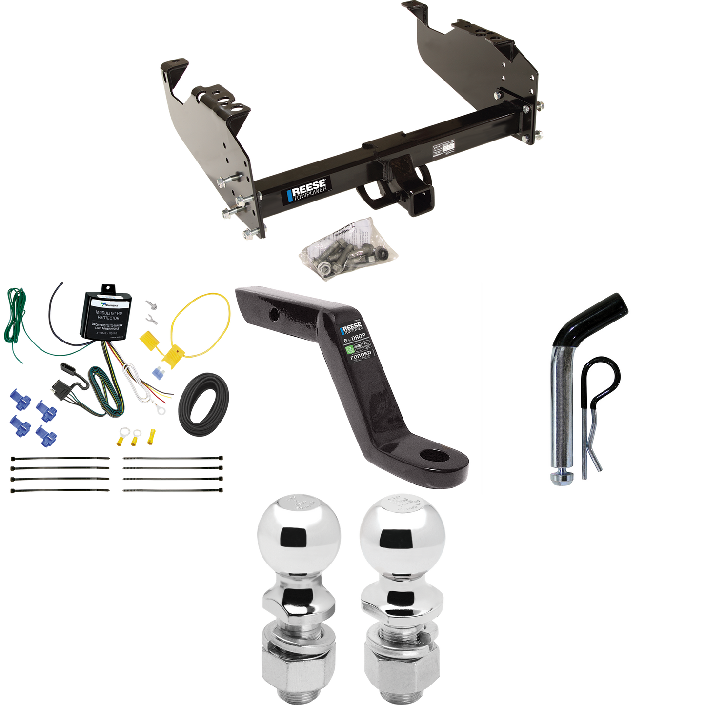 Fits 2007-2010 Dodge Ram 3500 Trailer Hitch Tow PKG w/ 4-Flat Wiring Harness + Ball Mount w/ 6" Drop + Pin/Clip + 2" Ball + 2-5/16" Ball (For Cab & Chassis, w/34" Wide Frames Models) By Reese Towpower