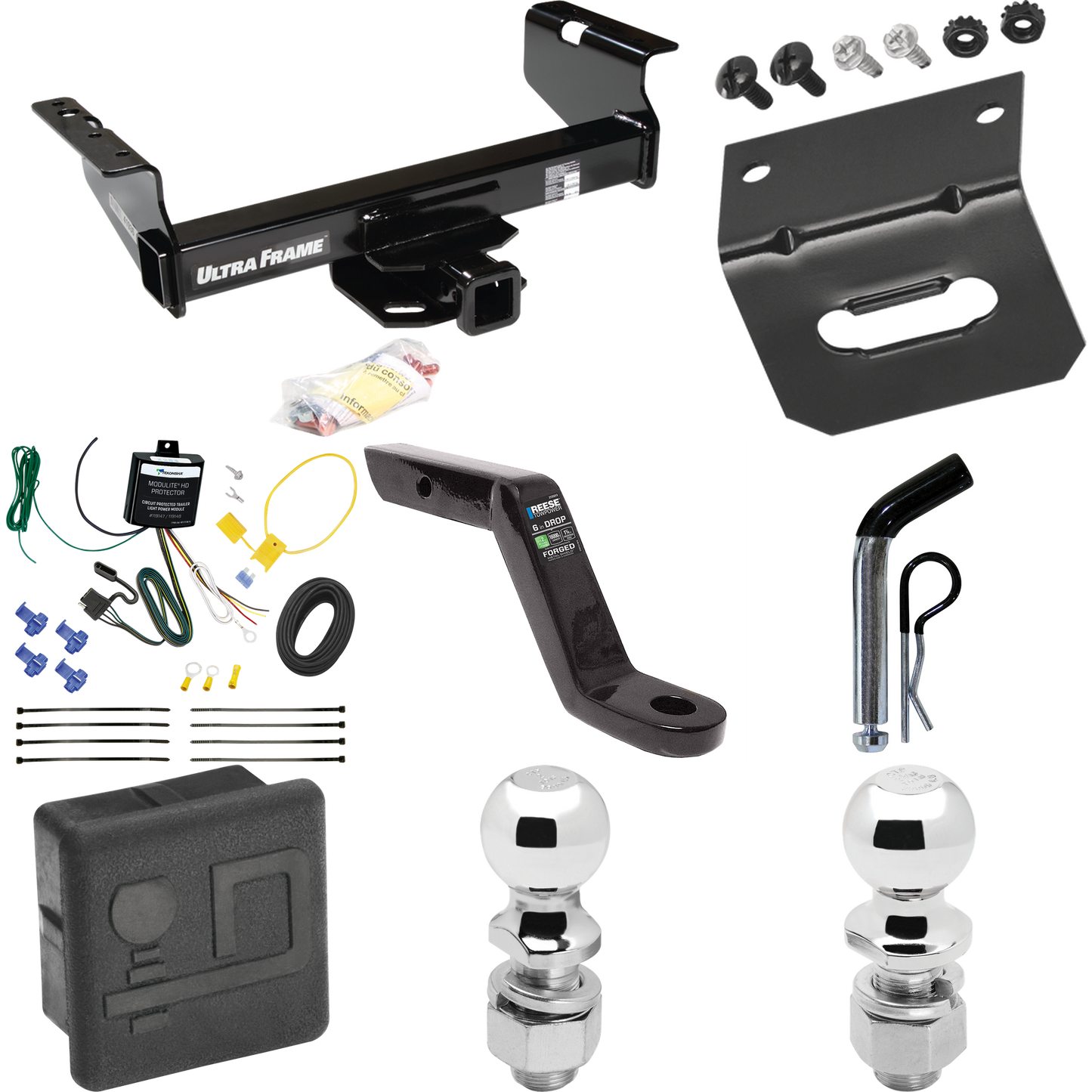 Fits 2007-2024 GMC Sierra 3500 HD Trailer Hitch Tow PKG w/ 4-Flat Wiring Harness + Ball Mount w/ 6" Drop + Pin/Clip + 2" Ball + 2-5/16" Ball + Hitch Cover + Wiring Bracket (For Cab & Chassis, w/34" Wide Frames Models) By Draw-Tite