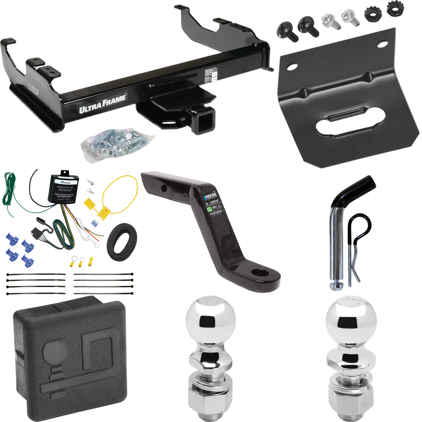 Fits 2007-2023 GMC Sierra 3500 HD Trailer Hitch Tow PKG w/ 4-Flat Wiring Harness + Ball Mount w/ 6" Drop + Pin/Clip + 2" Ball + 2-5/16" Ball + Hitch Cover + Wiring Bracket (For Cab & Chassis, w/34" Wide Frames Models) By Draw-Tite