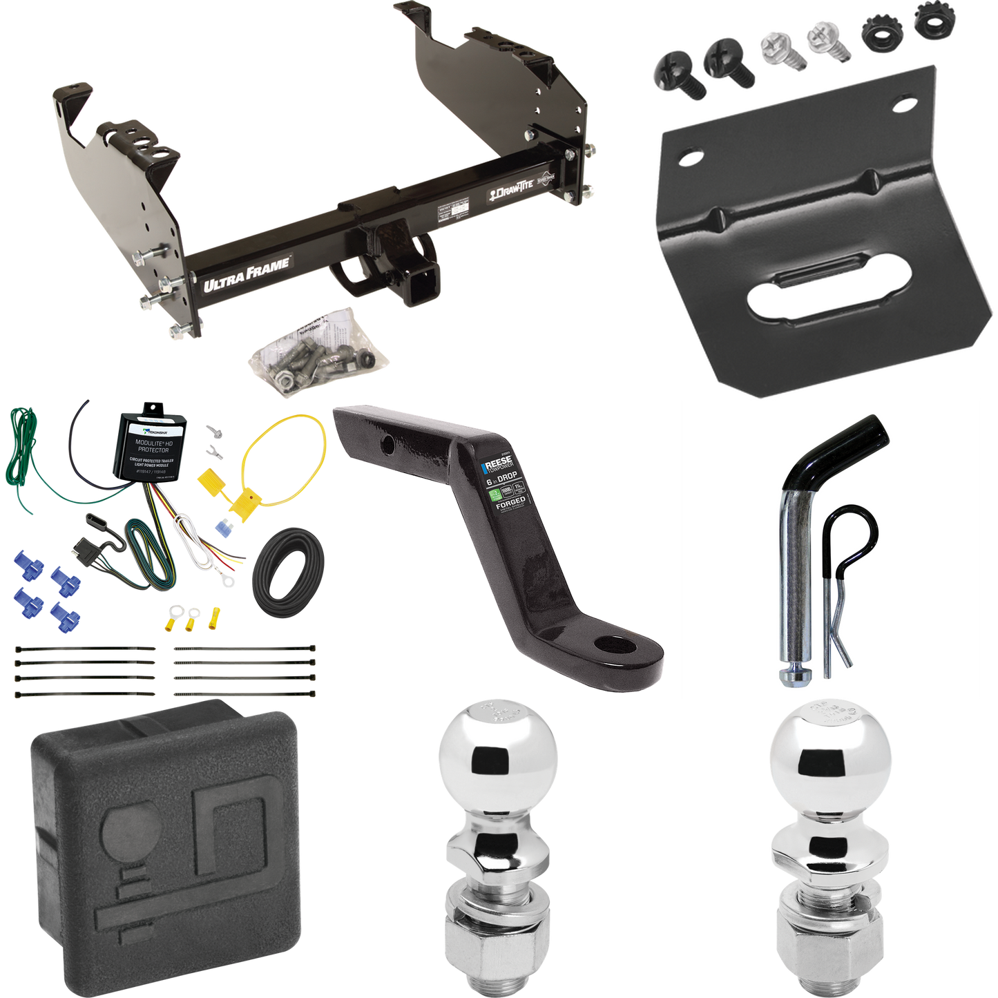 Fits 2007-2024 GMC Sierra 3500 HD Trailer Hitch Tow PKG w/ 4-Flat Wiring Harness + Ball Mount w/ 6" Drop + Pin/Clip + 2" Ball + 2-5/16" Ball + Hitch Cover + Wiring Bracket (For Cab & Chassis, w/34" Wide Frames Models) By Draw-Tite