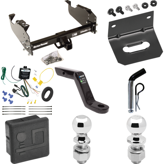 Fits 2007-2024 GMC Sierra 3500 HD Trailer Hitch Tow PKG w/ 4-Flat Wiring Harness + Ball Mount w/ 6" Drop + Pin/Clip + 2" Ball + 2-5/16" Ball + Hitch Cover + Wiring Bracket (For Cab & Chassis, w/34" Wide Frames Models) By Draw-Tite