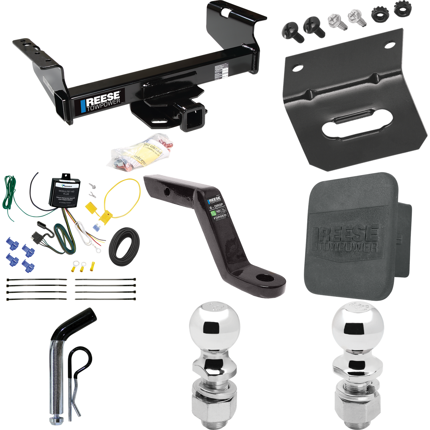 Fits 2007-2023 GMC Sierra 3500 HD Trailer Hitch Tow PKG w/ 4-Flat Wiring Harness + Ball Mount w/ 6" Drop + Pin/Clip + 2" Ball + 2-5/16" Ball + Hitch Cover + Wiring Bracket (For Cab & Chassis, w/34" Wide Frames Models) By Reese Towpower