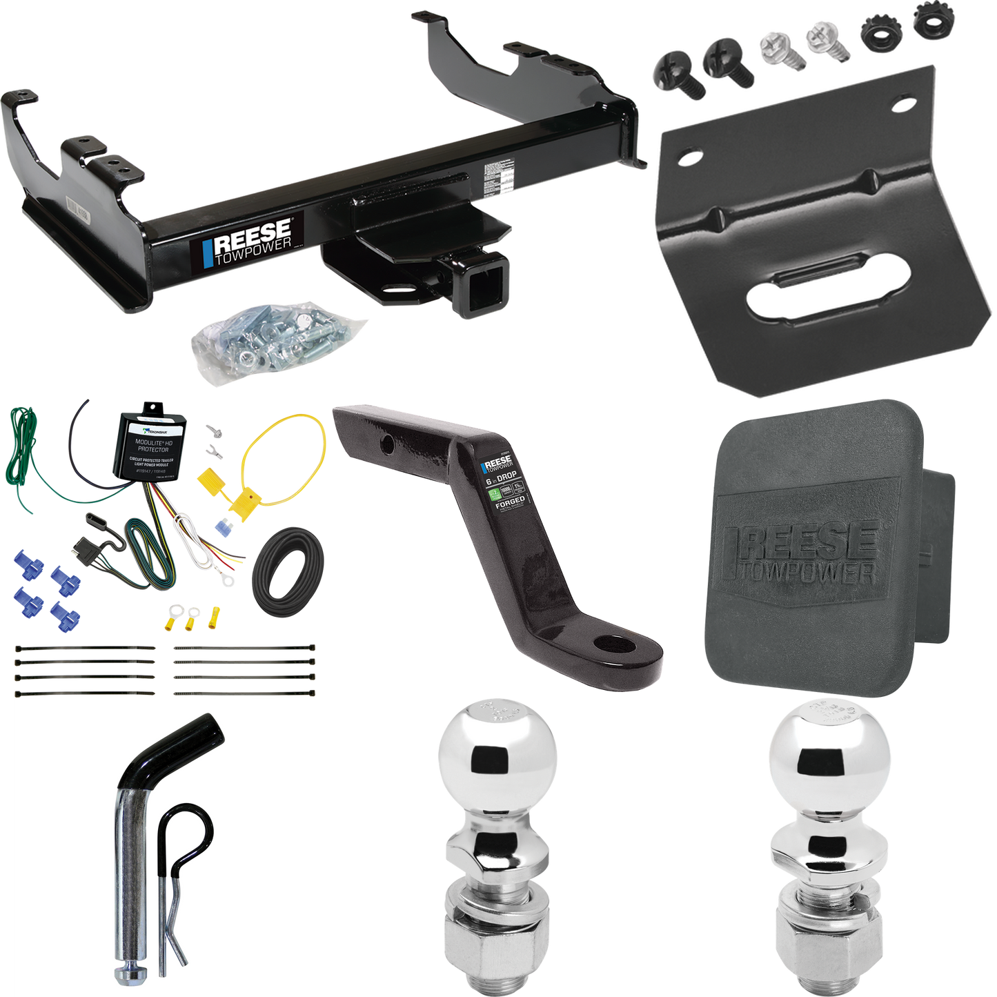 Fits 2007-2023 GMC Sierra 3500 HD Trailer Hitch Tow PKG w/ 4-Flat Wiring Harness + Ball Mount w/ 6" Drop + Pin/Clip + 2" Ball + 2-5/16" Ball + Hitch Cover + Wiring Bracket (For Cab & Chassis, w/34" Wide Frames Models) By Reese Towpower