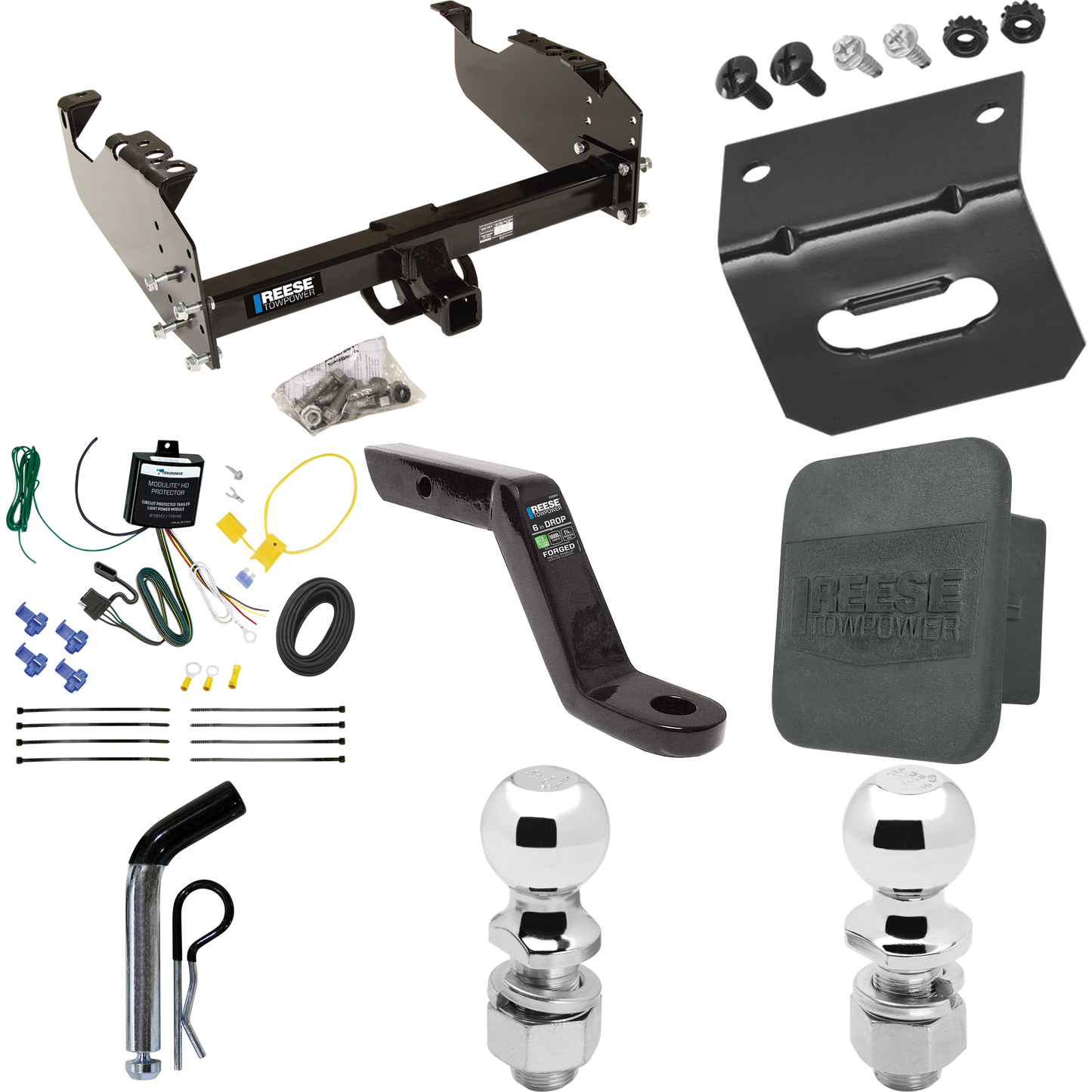 Fits 2007-2023 GMC Sierra 3500 HD Trailer Hitch Tow PKG w/ 4-Flat Wiring Harness + Ball Mount w/ 6" Drop + Pin/Clip + 2" Ball + 2-5/16" Ball + Hitch Cover + Wiring Bracket (For Cab & Chassis, w/34" Wide Frames Models) By Reese Towpower