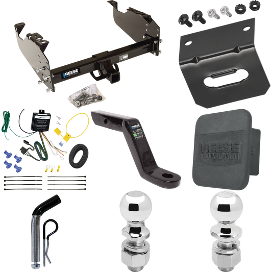 Fits 2007-2023 GMC Sierra 3500 HD Trailer Hitch Tow PKG w/ 4-Flat Wiring Harness + Ball Mount w/ 6" Drop + Pin/Clip + 2" Ball + 2-5/16" Ball + Hitch Cover + Wiring Bracket (For Cab & Chassis, w/34" Wide Frames Models) By Reese Towpower