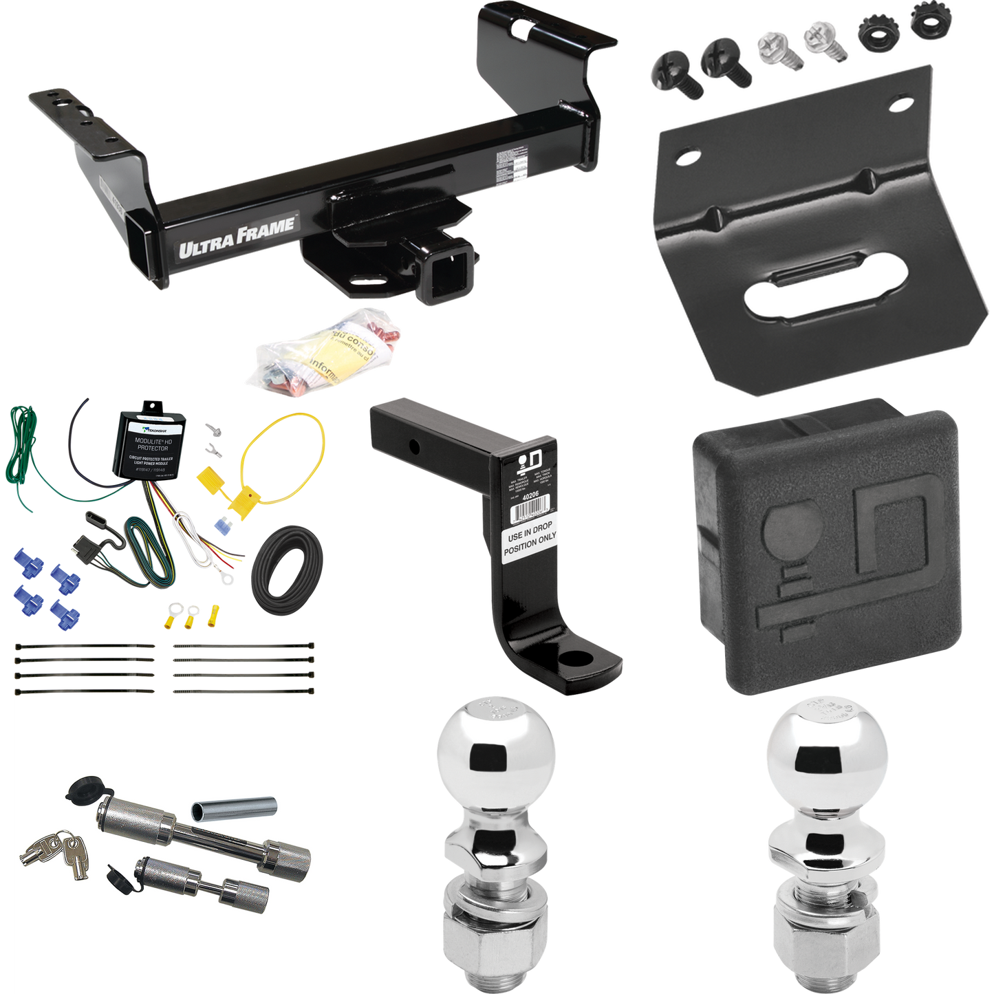 Fits 2007-2024 GMC Sierra 3500 HD Trailer Hitch Tow PKG w/ 4-Flat Wiring Harness + Ball Mount w/ 8" Drop + Dual Hitch & Coupler Locks + 2" Ball + 2-5/16" Ball + Hitch Cover + Wiring Bracket (For Cab & Chassis, w/34" Wide Frames Models) By Draw-Tite