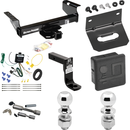 Fits 2007-2024 GMC Sierra 3500 HD Trailer Hitch Tow PKG w/ 4-Flat Wiring Harness + Ball Mount w/ 8" Drop + Dual Hitch & Coupler Locks + 2" Ball + 2-5/16" Ball + Hitch Cover + Wiring Bracket (For Cab & Chassis, w/34" Wide Frames Models) By Draw-Tite