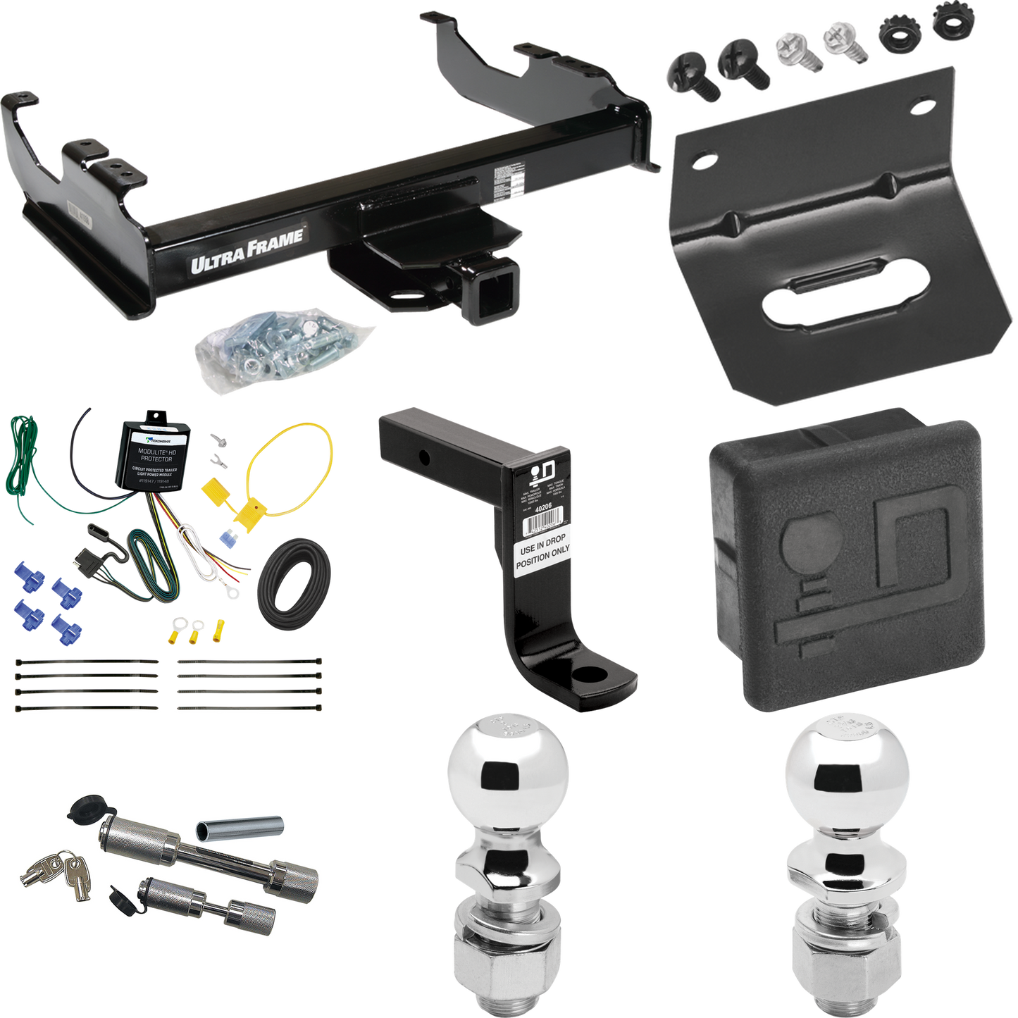 Fits 2007-2023 GMC Sierra 3500 HD Trailer Hitch Tow PKG w/ 4-Flat Wiring Harness + Ball Mount w/ 8" Drop + Dual Hitch & Coupler Locks + 2" Ball + 2-5/16" Ball + Hitch Cover + Wiring Bracket (For Cab & Chassis, w/34" Wide Frames Models) By Draw-Tite