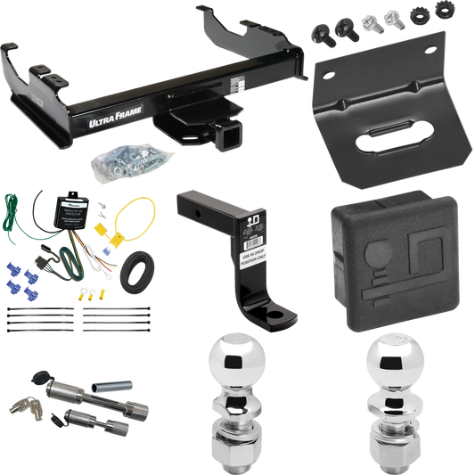 Fits 2007-2023 GMC Sierra 3500 HD Trailer Hitch Tow PKG w/ 4-Flat Wiring Harness + Ball Mount w/ 8" Drop + Dual Hitch & Coupler Locks + 2" Ball + 2-5/16" Ball + Hitch Cover + Wiring Bracket (For Cab & Chassis, w/34" Wide Frames Models) By Draw-Tite