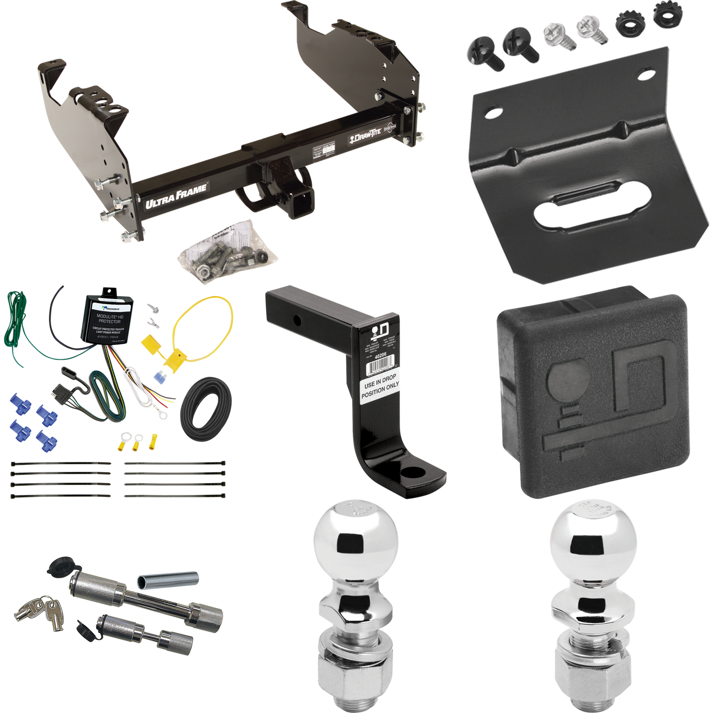 Fits 2007-2024 GMC Sierra 3500 HD Trailer Hitch Tow PKG w/ 4-Flat Wiring Harness + Ball Mount w/ 8" Drop + Dual Hitch & Coupler Locks + 2" Ball + 2-5/16" Ball + Hitch Cover + Wiring Bracket (For Cab & Chassis, w/34" Wide Frames Models) By Draw-Tite