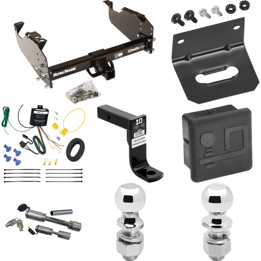 Fits 2007-2024 GMC Sierra 3500 HD Trailer Hitch Tow PKG w/ 4-Flat Wiring Harness + Ball Mount w/ 8" Drop + Dual Hitch & Coupler Locks + 2" Ball + 2-5/16" Ball + Hitch Cover + Wiring Bracket (For Cab & Chassis, w/34" Wide Frames Models) By Draw-Tite