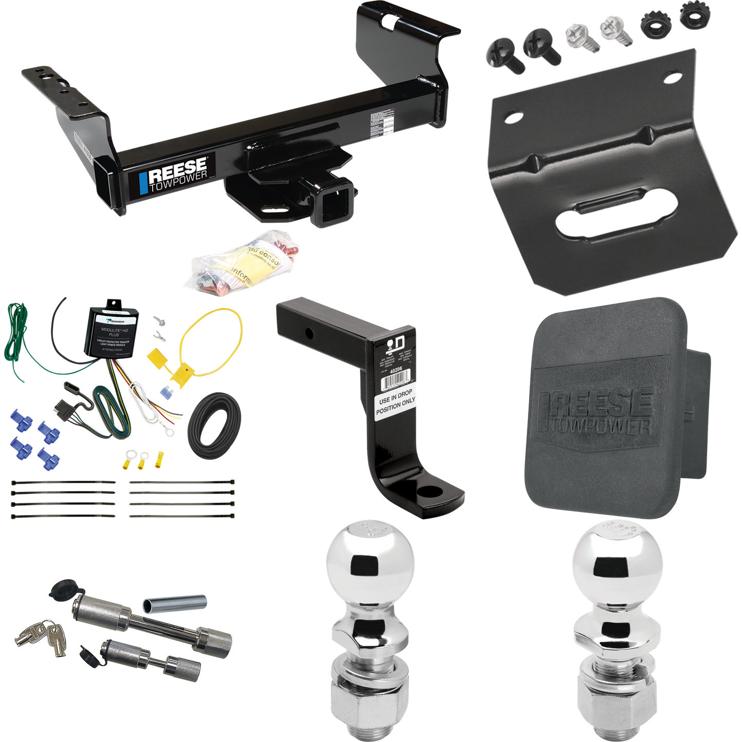 Fits 2007-2023 GMC Sierra 3500 HD Trailer Hitch Tow PKG w/ 4-Flat Wiring Harness + Ball Mount w/ 8" Drop + Dual Hitch & Coupler Locks + 2" Ball + 2-5/16" Ball + Hitch Cover + Wiring Bracket (For Cab & Chassis, w/34" Wide Frames Models) By Reese Towpo